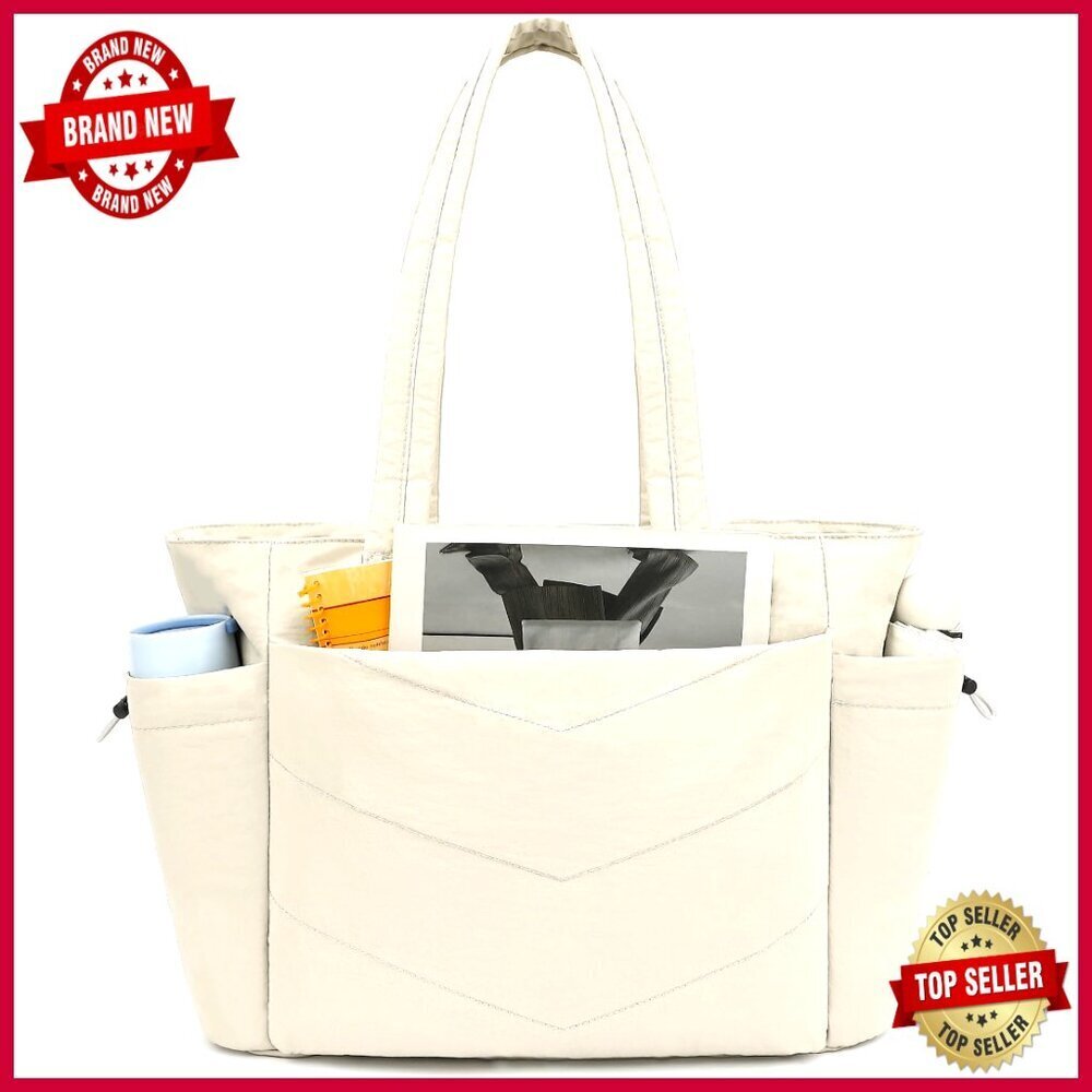 Large Puffer Tote Bag with Zipper, 8 Pockets, Lightweight Work Travel Bag